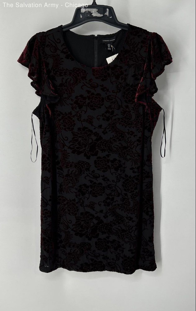 Adrienne Vittadini Womens Black Red Floral Short Sleeve Mini Dress Size Large