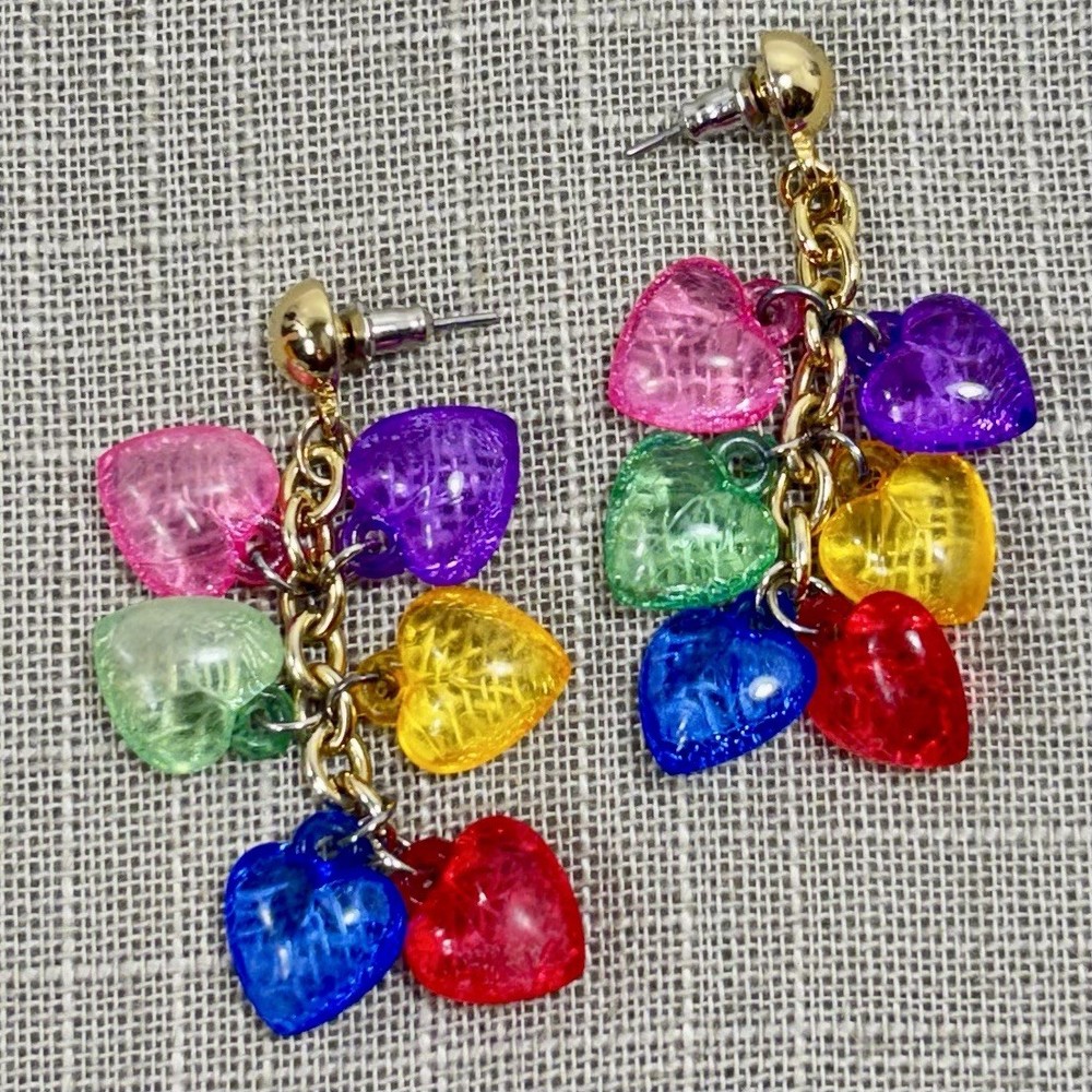 Vintage Multicolor Lucite PUFFY HEART Gold Tone Dangle Earrings Pierced 2