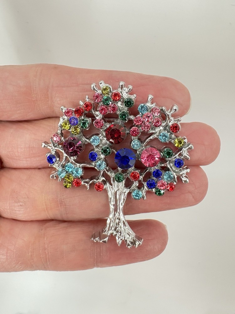 Tree of Life Brooch Pin Rhinestone Silver Multicolor Vintage To Fashion Jewelry