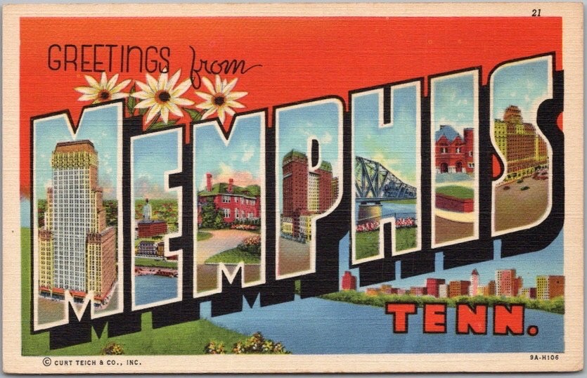 Vintage 1939 MEMPHIS Tennessee Large Letter Postcard / Curteich Linen - Unused