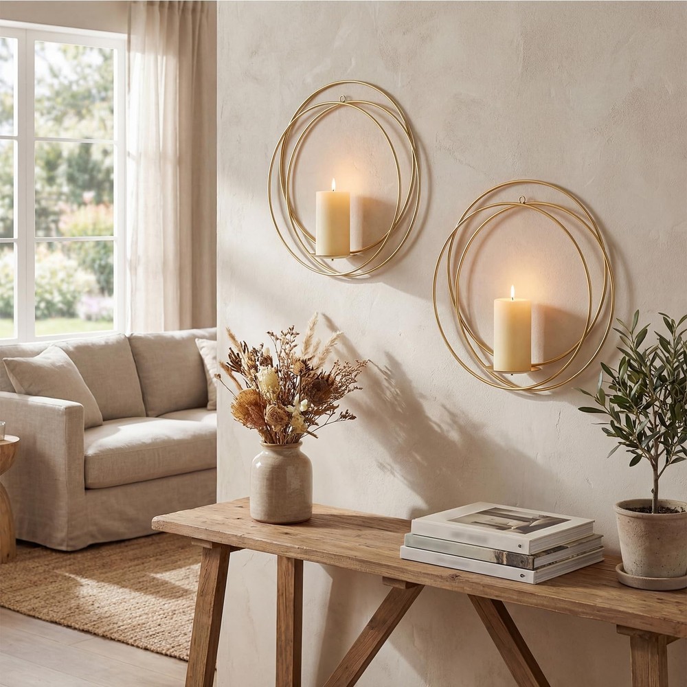 Wall Candle Sconces Set of 2 Gold Metal Hanger with Wood Base Farmhouse Rusti...