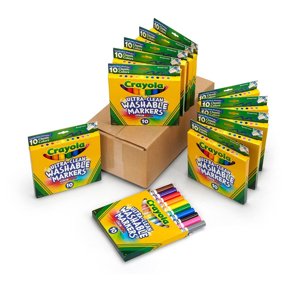 Crayola Ultra Clean Washable Markers (12 Boxes), Bulk Markers for Kids, 10 Br...