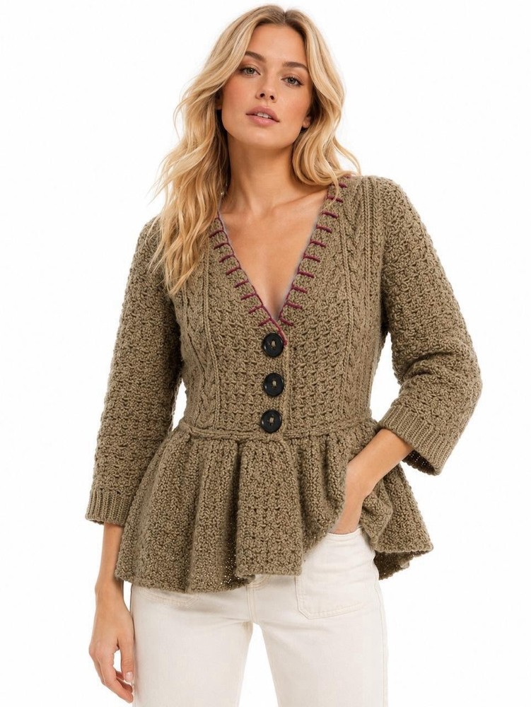 Anthropologie Wool Blend Peplum Cardigan Sweater Small Beige Boho Cottagecore