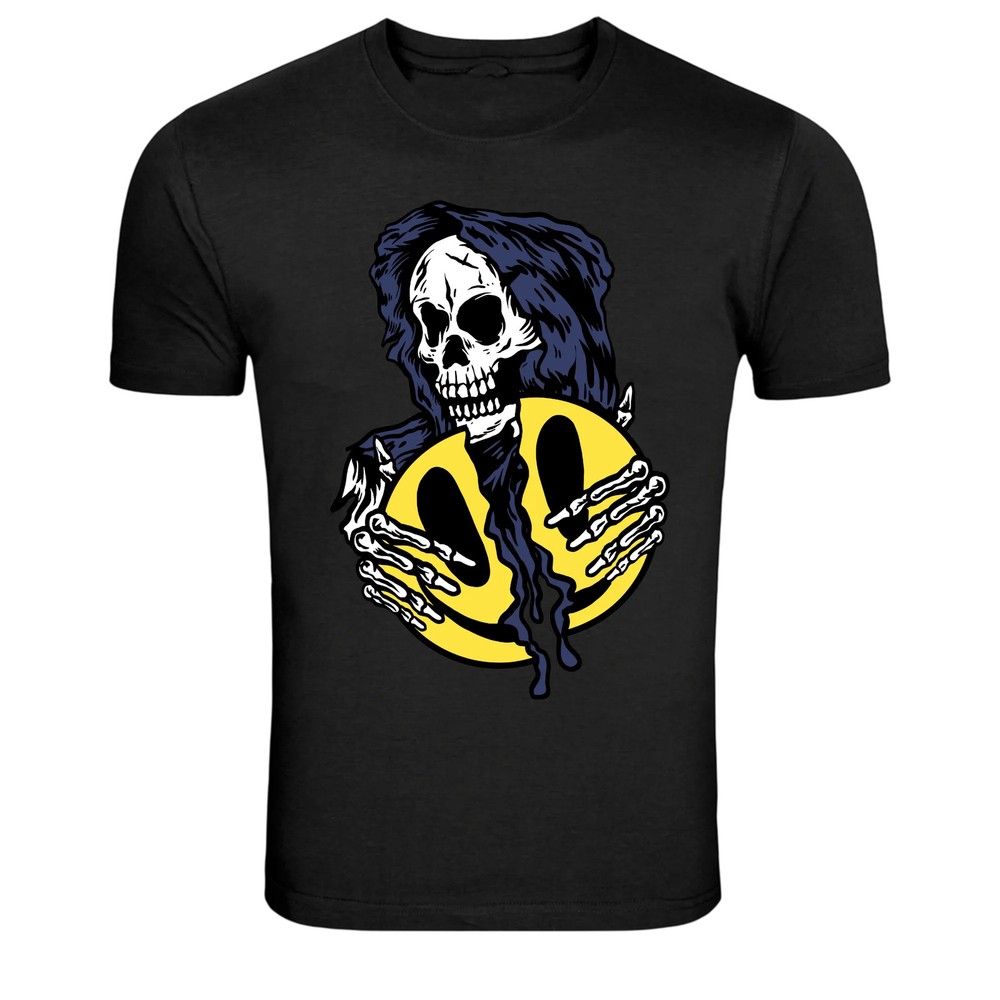 Skeleton Holding Broken Smile Emoji Graphic T-Shirt