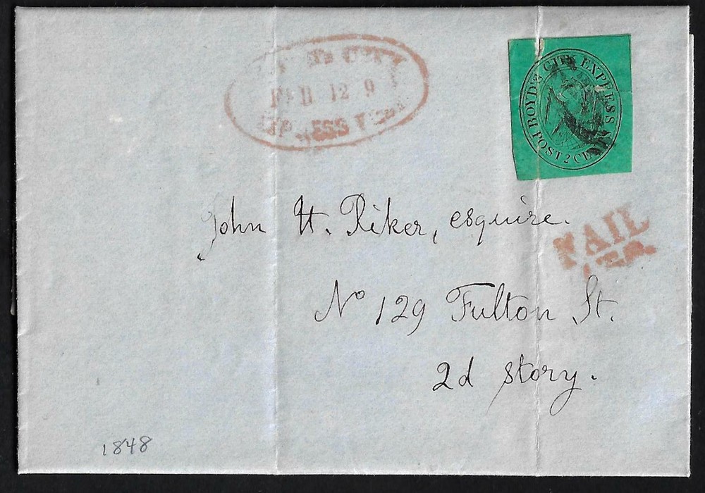 US 1849 BOYDs CITY EXPRESS DATED OVAL SEAL IN RED PAID IN RED & Sc 20L4 TORN DUE