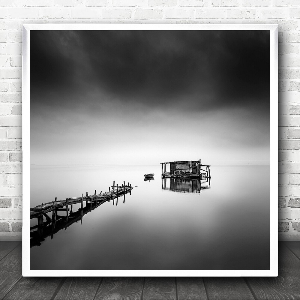 Minimal Seascape Landscape Pier Fishing Hut Boat Square Wall Art Print