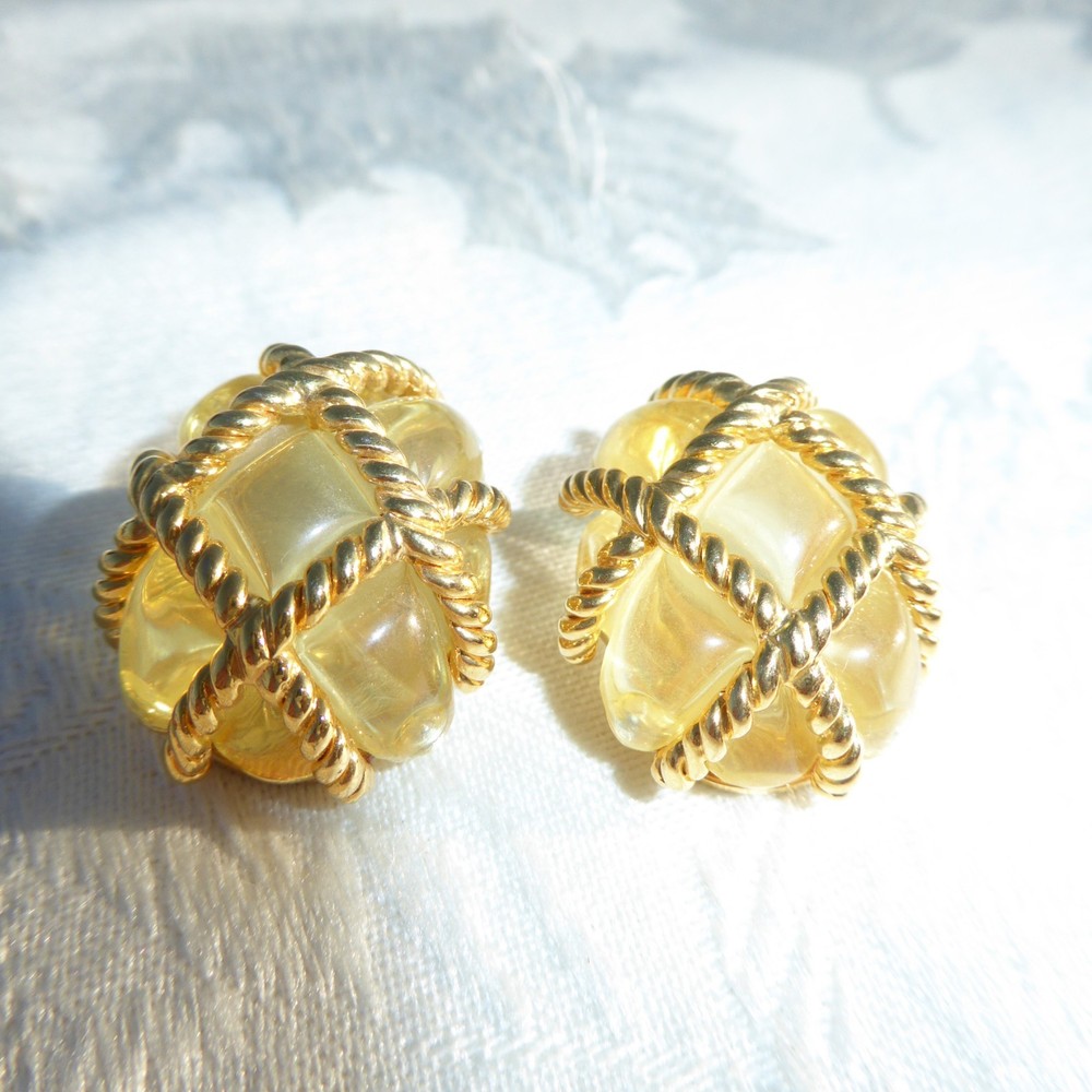 VINTAGE CLIO ON EARRINGS By Kenneth J Lane Gold Tone Caged Style Yellow Resin