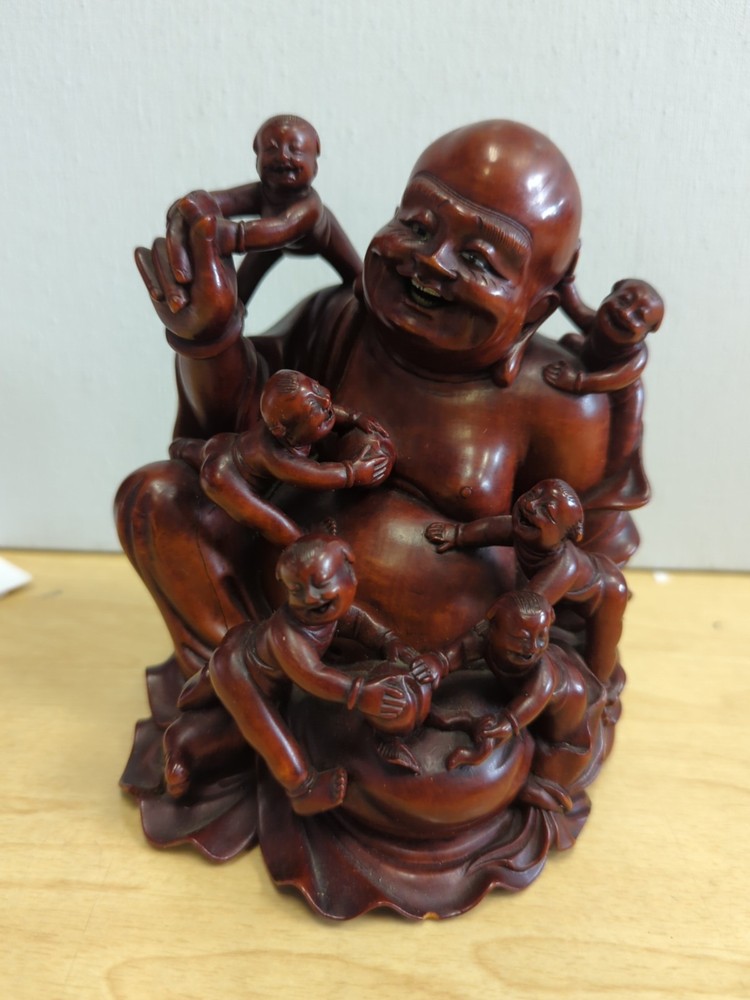 Carved Rosewood Buddha Smiling With Children and Round Belly