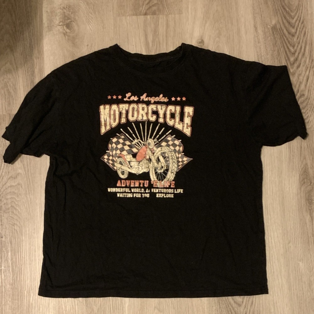 SheIn Women's Black Motorcycle Graphic Crew Neck Pullover Short Sleeve T-Shirt S