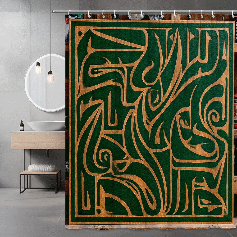 Green Abstract Graphic Shower Curtain, Gold Line Art Print-image