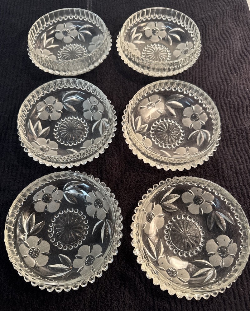 6 Italian Floral Beaded Etched Glass Serving Bowls Set