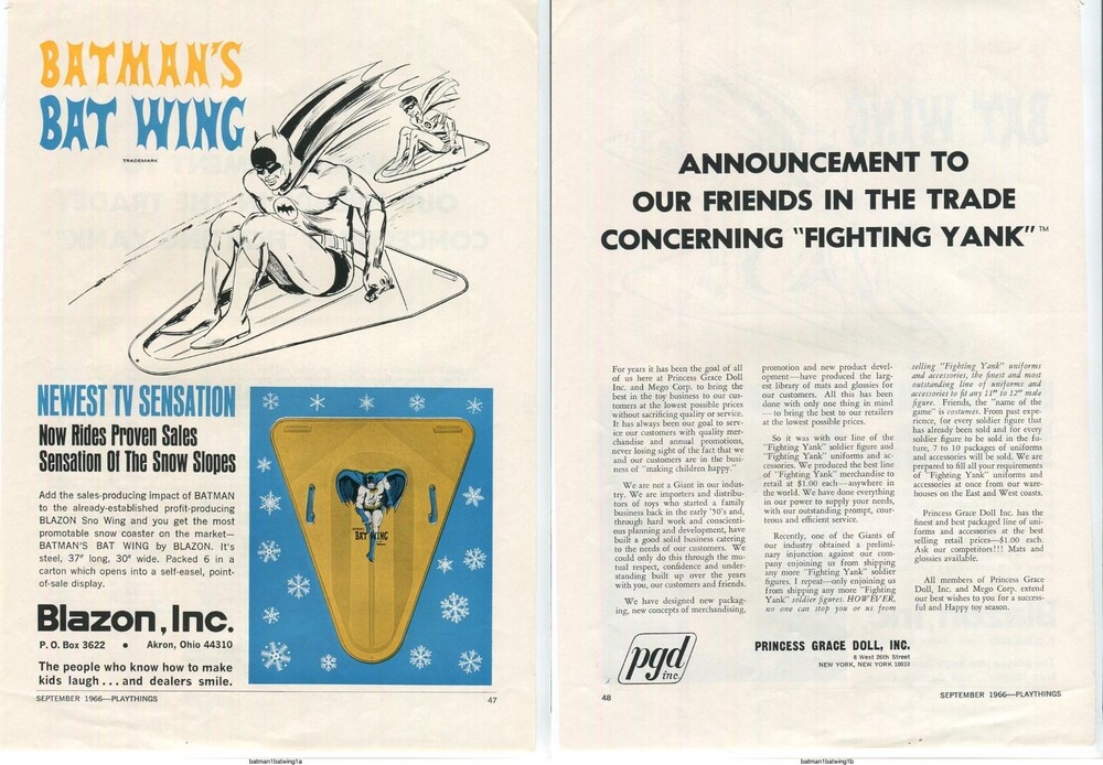 BATMAN & ROBIN 1966 BAT WING AD Blazon SNOW SLED 1-page w/ FIGHTING YANK MEGO AD