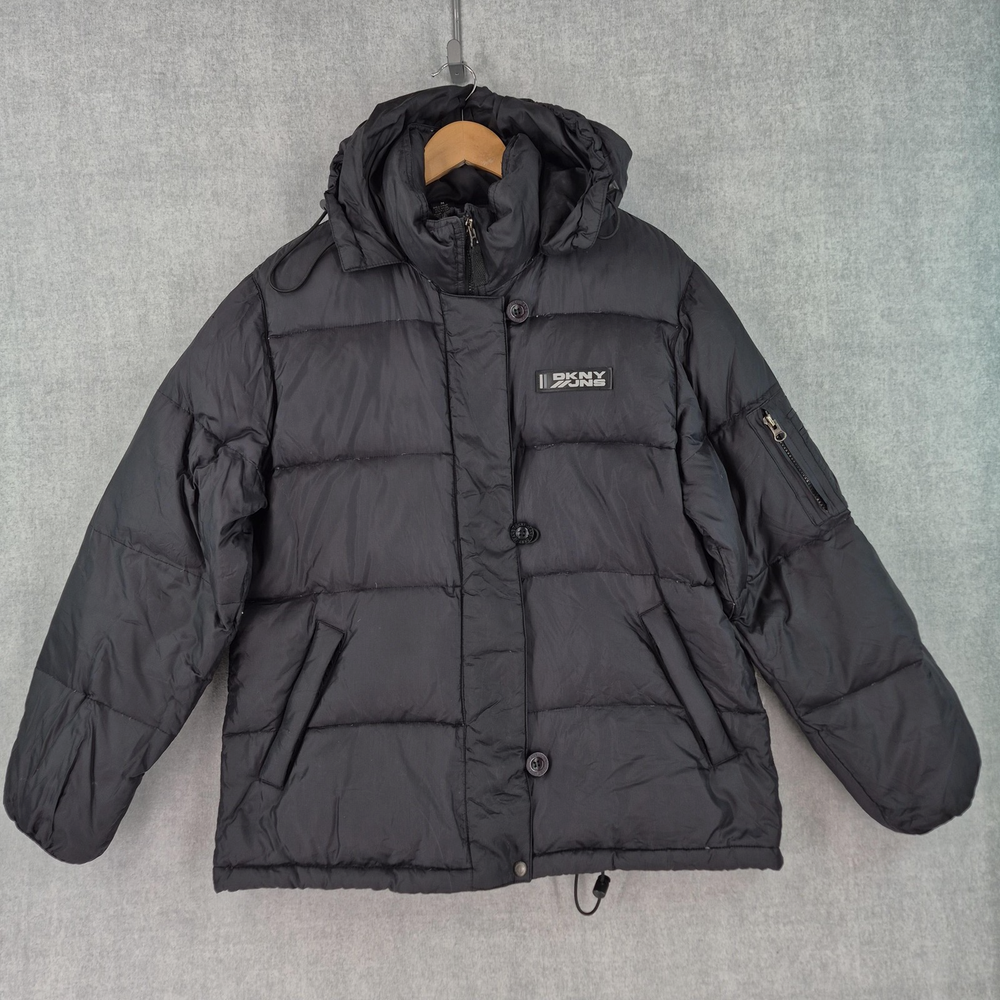 DKNY Jeans Water Resistant Down Puffer Coat Mens Medium Black Button Zip Hooded