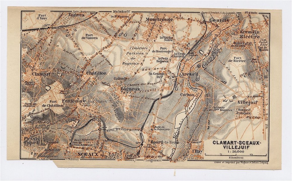 1904 Original Antique Map Of Vicinity Of Villejuif Clamart Sceaux / Paris France