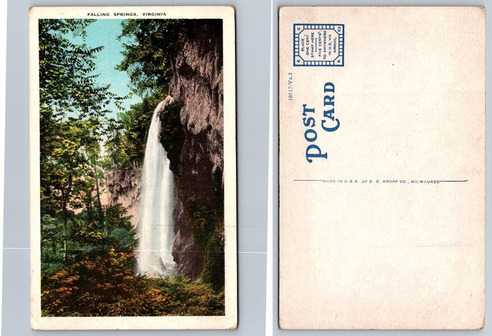 Falling Spring Waterfall VA Vintage Postcard E. C. Kropp Co. White Border