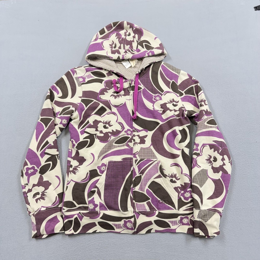 O'Neill Hoodie Sweatshirt Womens Large Cream Purple Floral y2k skater surf