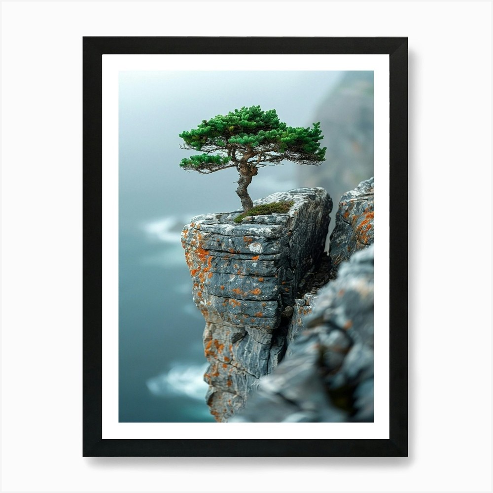 Cliffside Tree Art Print Framed Canvas Wall Decor Picture Poster  