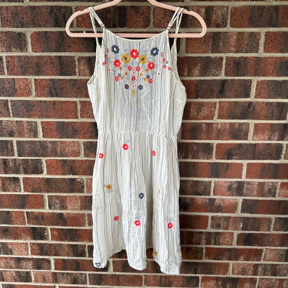 Md Boho Tiered Cotton Gauzy Sundress Floral Embroidered Striped Coastal Chic Y2k