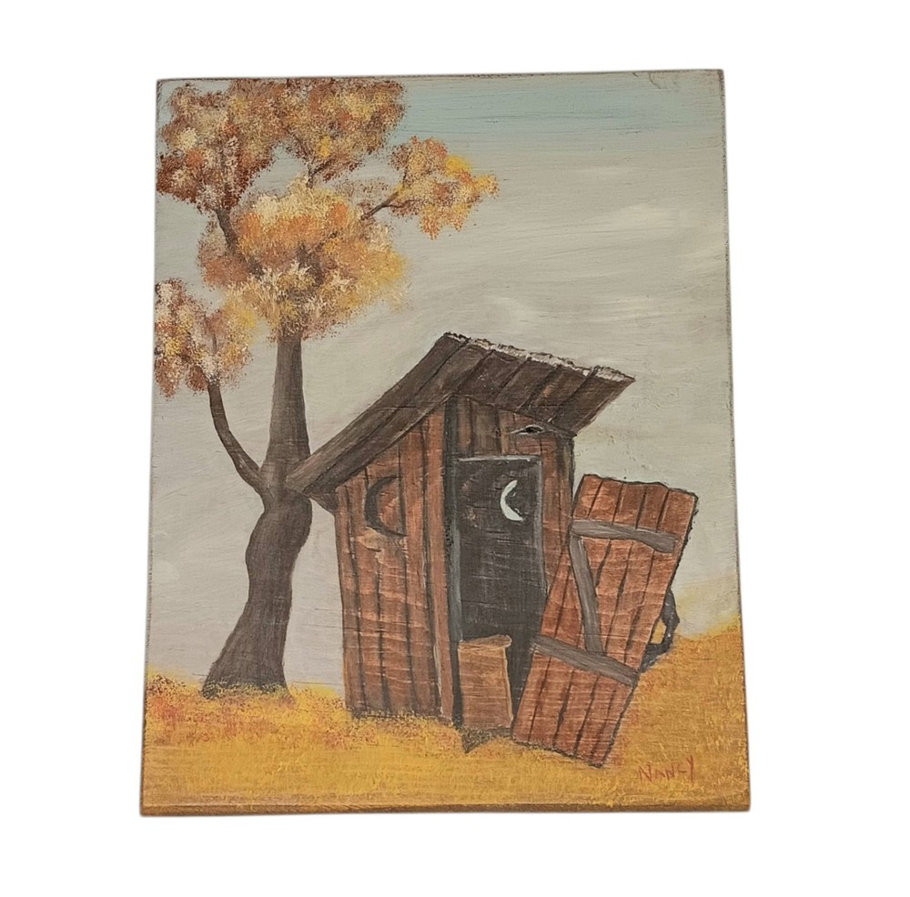 Vintage Miniature Acrylic Painting Outhouse Autumn Landscape Brown Yellow 6.5x5