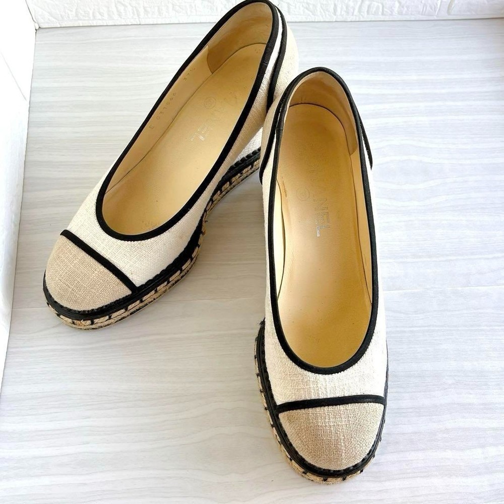 Chanel Coco Mark Bicolor Espadrille Pumps 9.6 Inches 24.5cm
