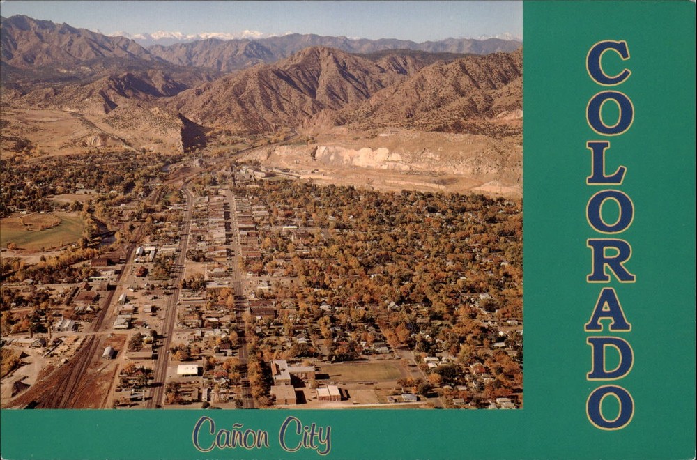 Colorado Canon City business district aerial view Royal Gorge ~ postcard sku917