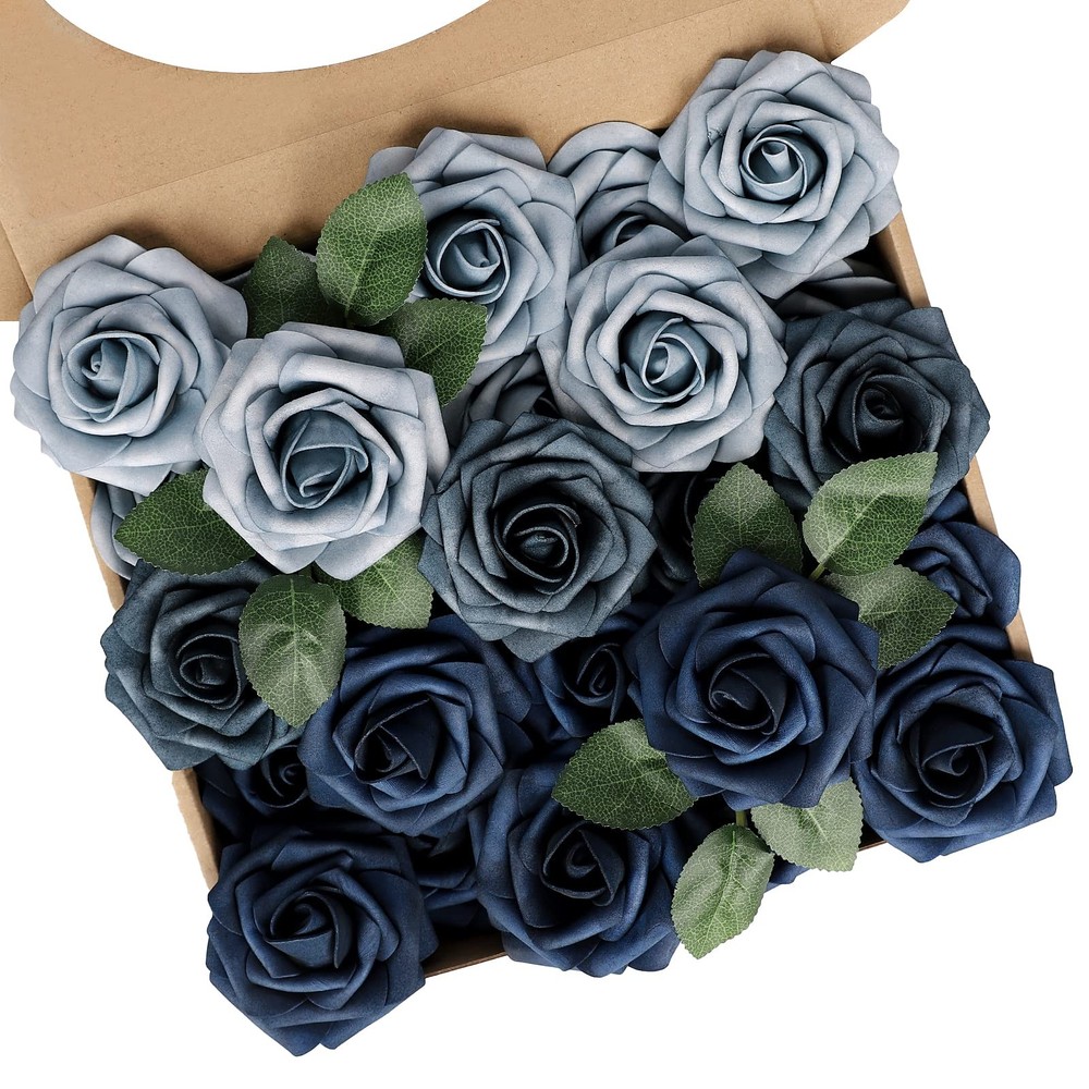 25 Pcs Artificial Dusty Blue Roses Fake Flowers Wedding Bouquet Centerpiece