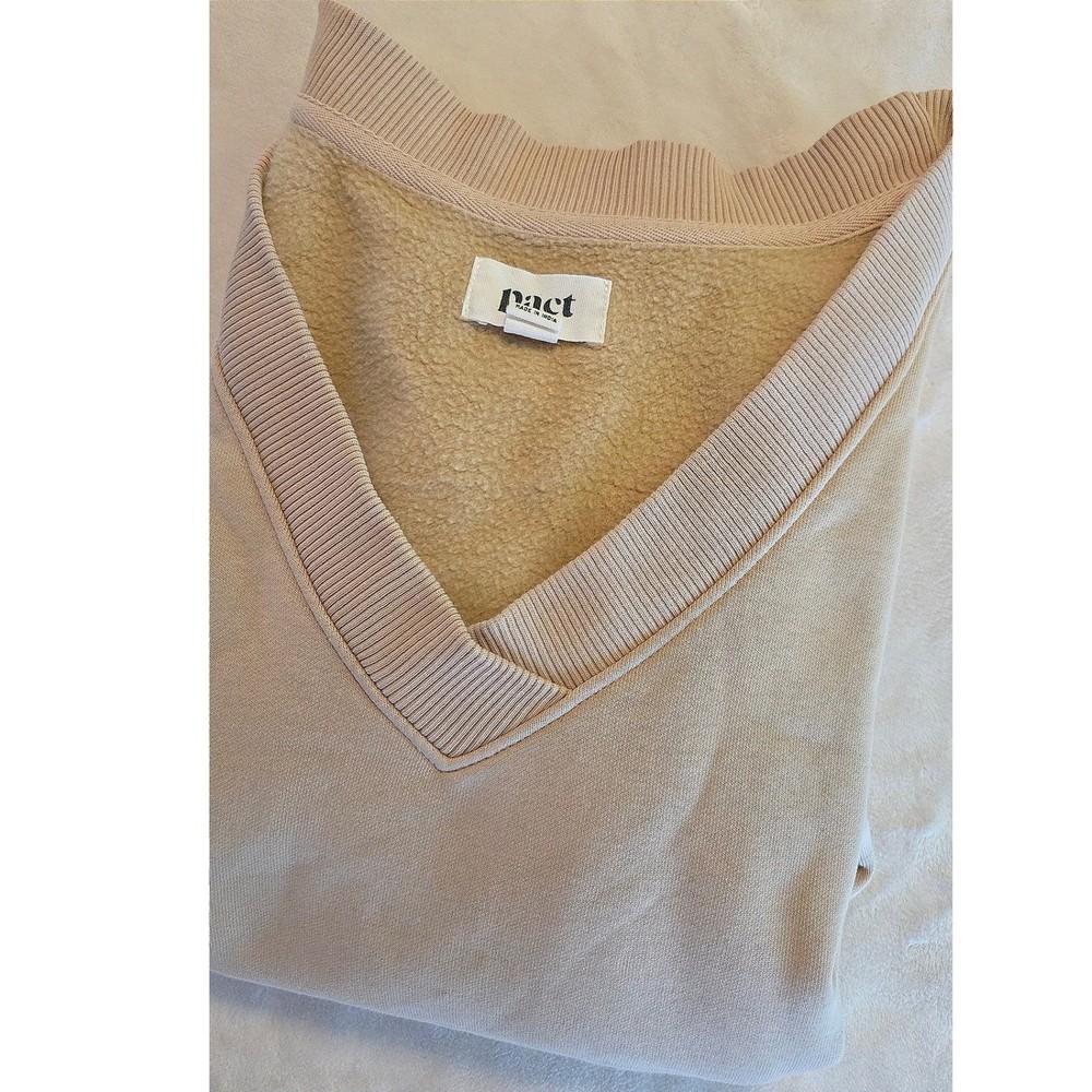 PACT Organic Cotton V Neck Sweatshirt Beige Relaxed Minimalist Pullover Large