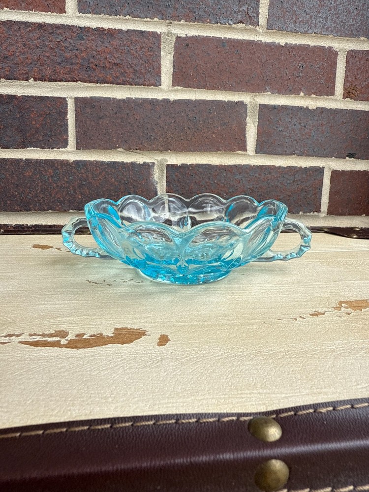 Vintage Anchor Hocking Fairfield Aqua Blue Glass Bowl Candy Dish with Handles