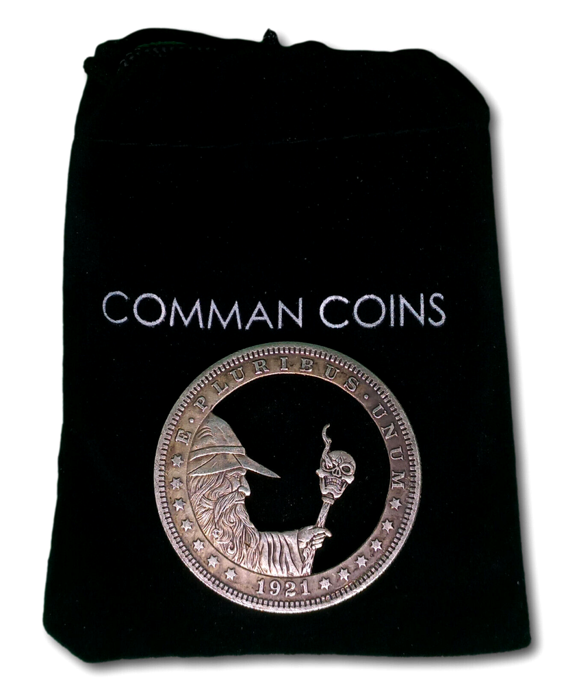 Hobo Coin Cut Coin Old Wizard Skull Staff Dark Magic Goth US American Art Dollar