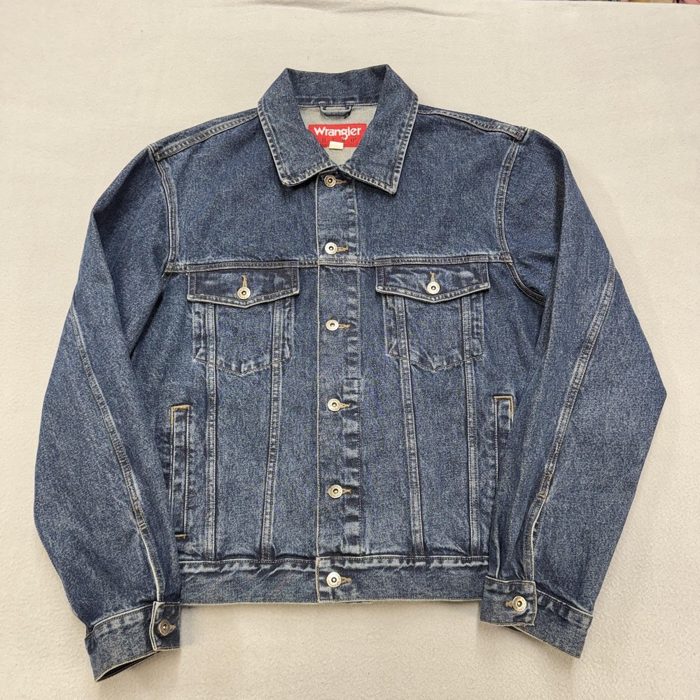 Wrangler Hero Jacket Mens Large Blue Denim Bomber Button Front Trucker Workwear