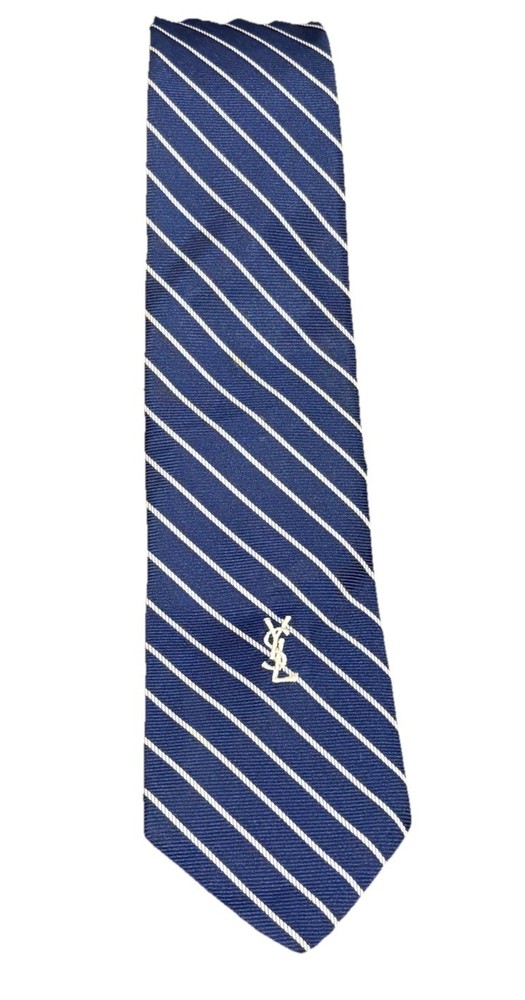 Yves Saint Laurent YSL Silk Tie Navy Repp Stripe 1970s Paris New York Vintage