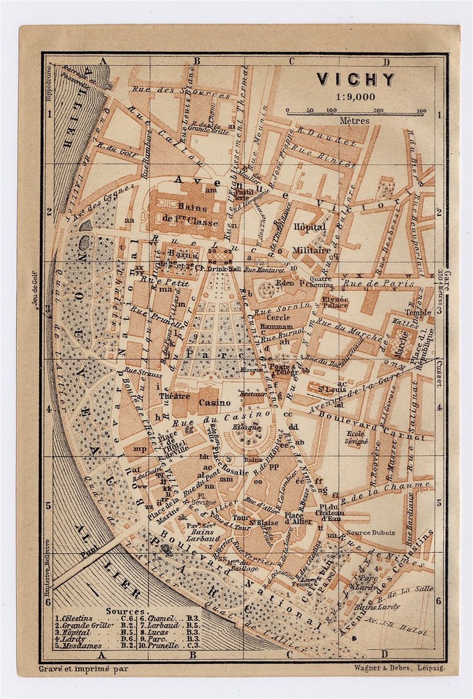 1914 Antique City Map Of Vichy / Auvergne / France