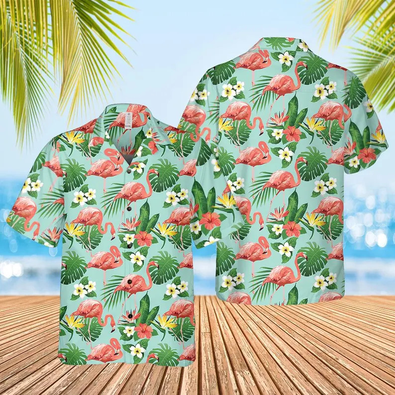 Flamingo Hawaiian Shirt Mens Tropical Beach Aloha Summer Vacation Top