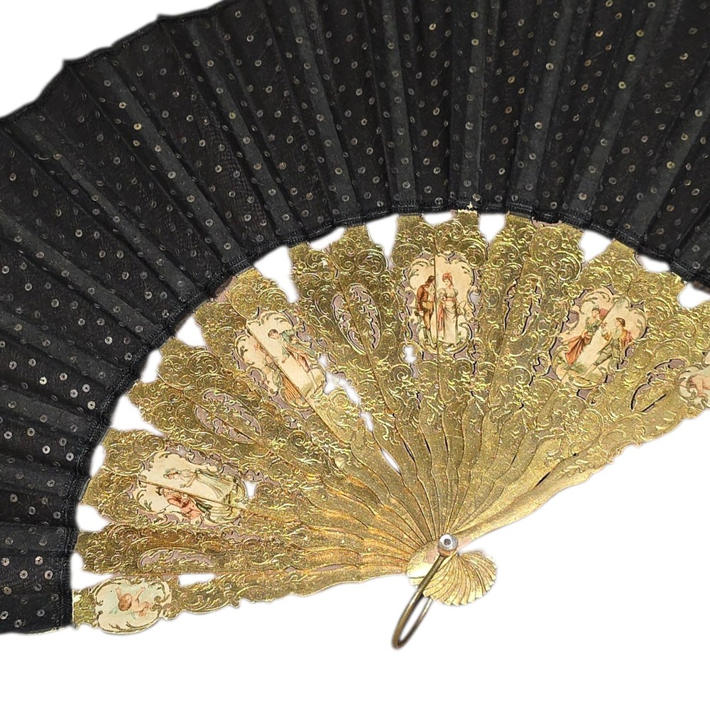 Antique French Gilt Opera Fan Stern Bros NYC Box Victorian 1890s Original Box