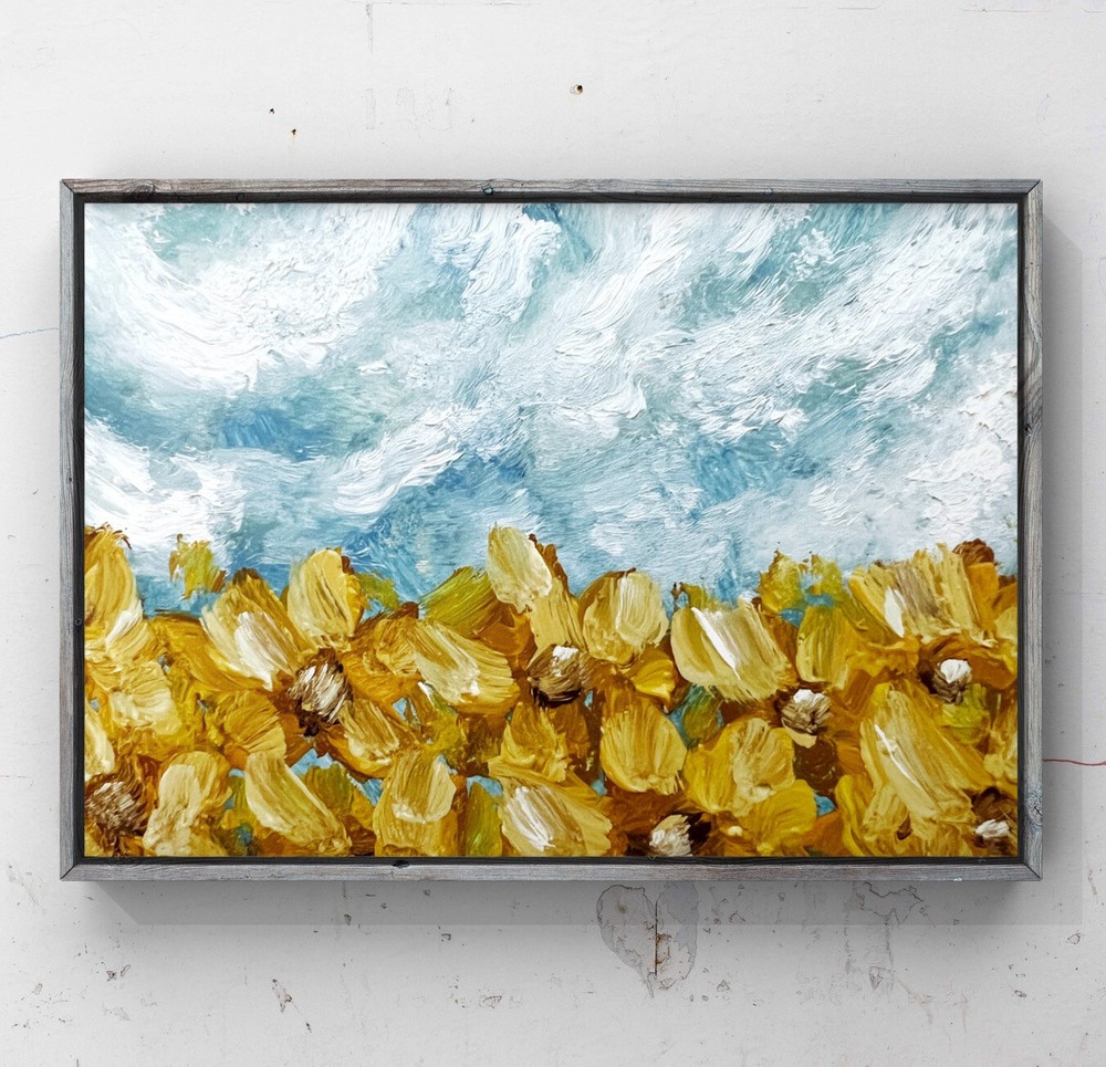 Abstract Sunflowers Ukrainian Landscape Naive Outsider Art Oil Painting