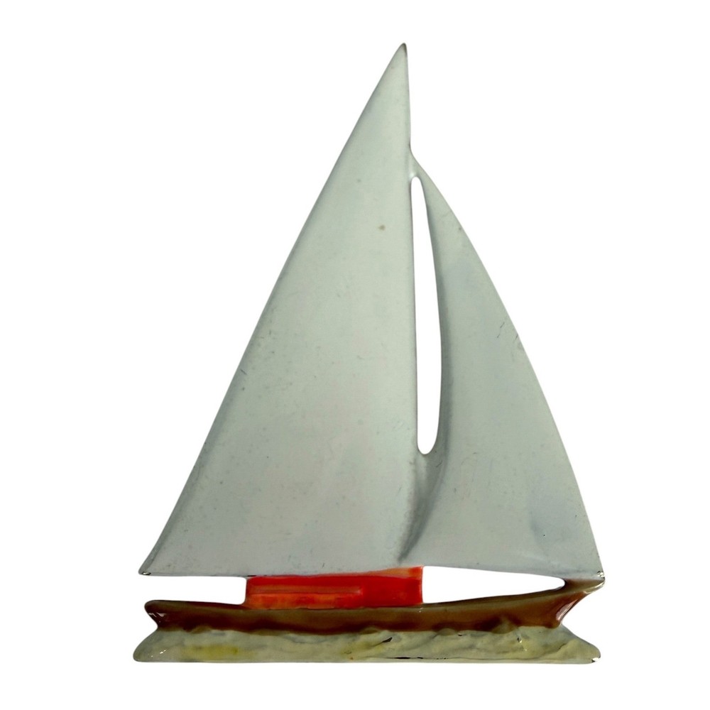 Vintage Style Nautical Sailboat Brooch White Enamel Gold Tone Pin Accessory
