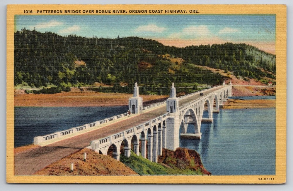 Patterson Bridge Rogue River Oregon Coast Highway Linen Postcard Gold Beach