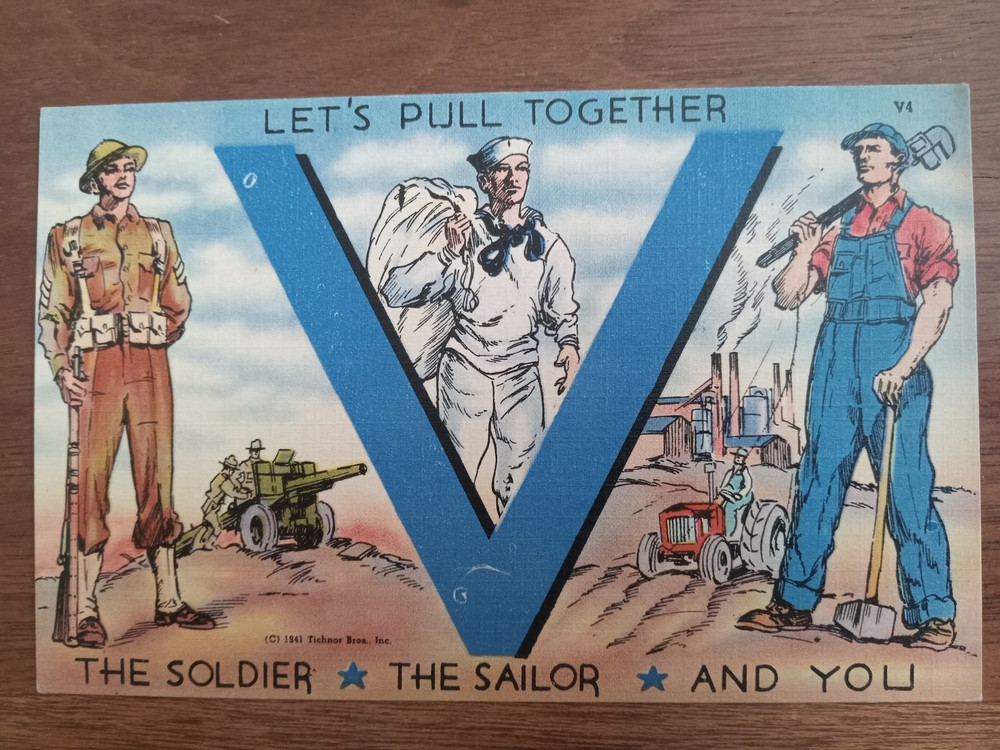 c1941 WW2 Home Front, Let's Pull Together, soldier, sailor, farmer, workman, V