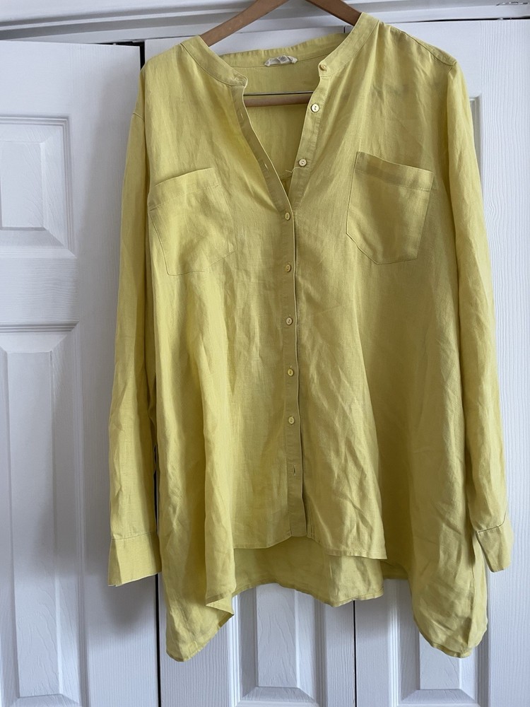 Eileen Fisher Yellow Solid Band Collar Button Front Organic Linen Top 1X