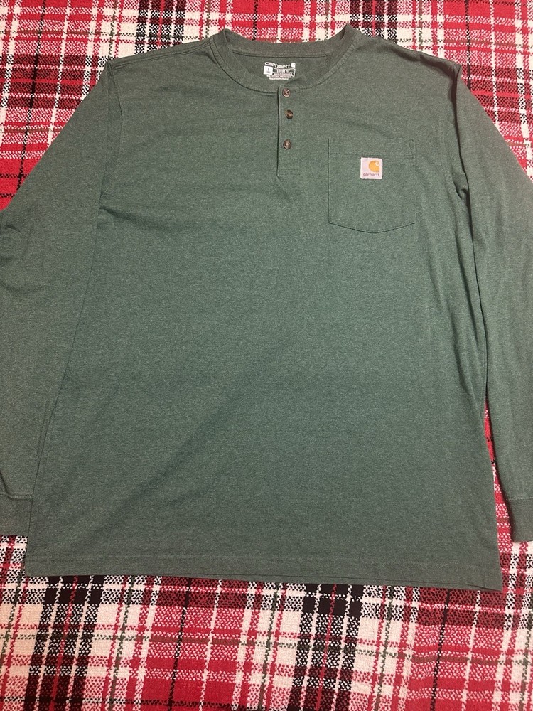Carhartt Shirt Mens Large Green Loose Fit Henley Pocket Long Sleeve K128