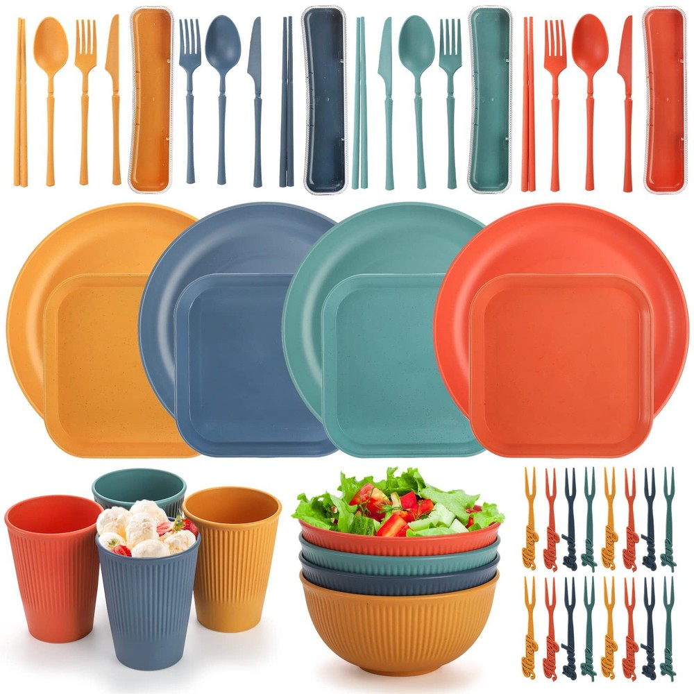 44-Piece Unbreakable Wheat Straw Dinnerware Set for Camping, Eco-Friendly Plates, Cups, and Bowls, Durable and Lightweight Outdoor Dining Essentials