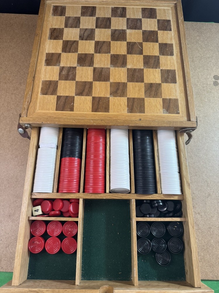 Vintage Wooden Game Set Chess Checkers Backgammon Poker Chips - Read