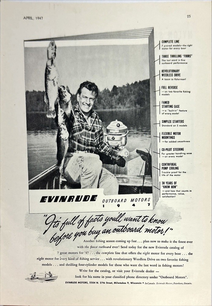 Evinrude Outboard Motors Boat Fishing Vintage Print Ad 1947
