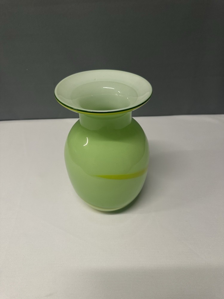 Vintage Green Art Glass Vase w/ Yellow Ribbon Swirl | Hand Blown Modern MCM
