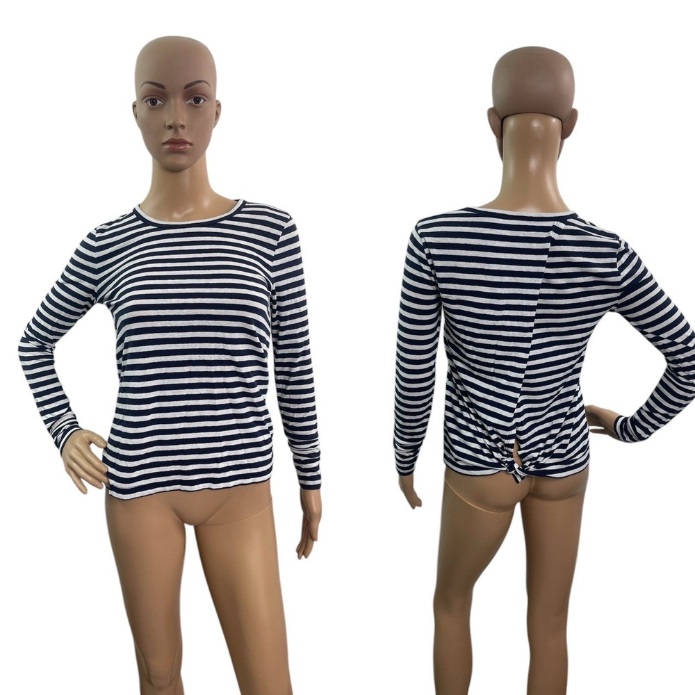 J Crew Women’s Size XS Long Sleeve Round Neck Tie Back Blue White Striped Tee