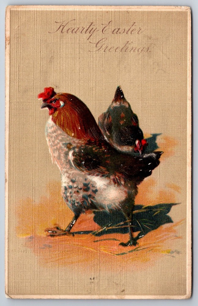 Holiday~Hearty Easter Greetings~Chicken Hen & Rooster~PM 1913~Emb~Vtg Postcard