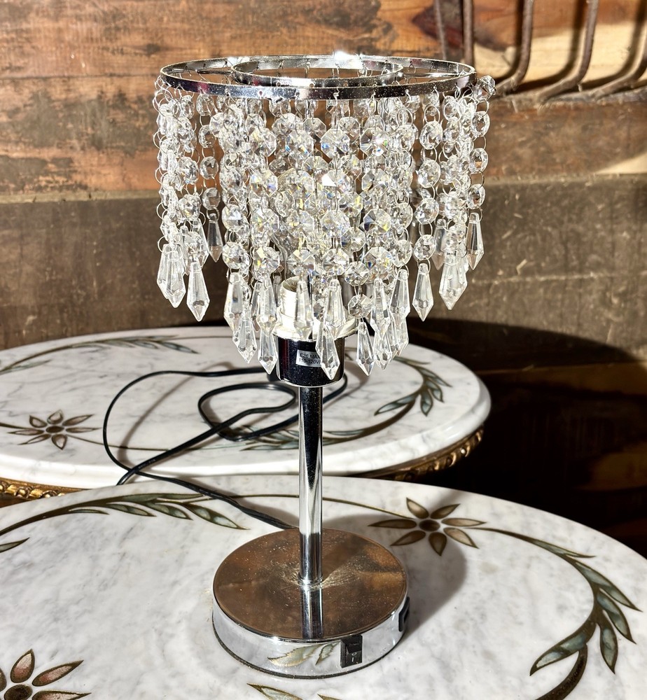 Faceted Crystal Table Lamp Chrome Base Contemporary Bedroom Living Room Modern