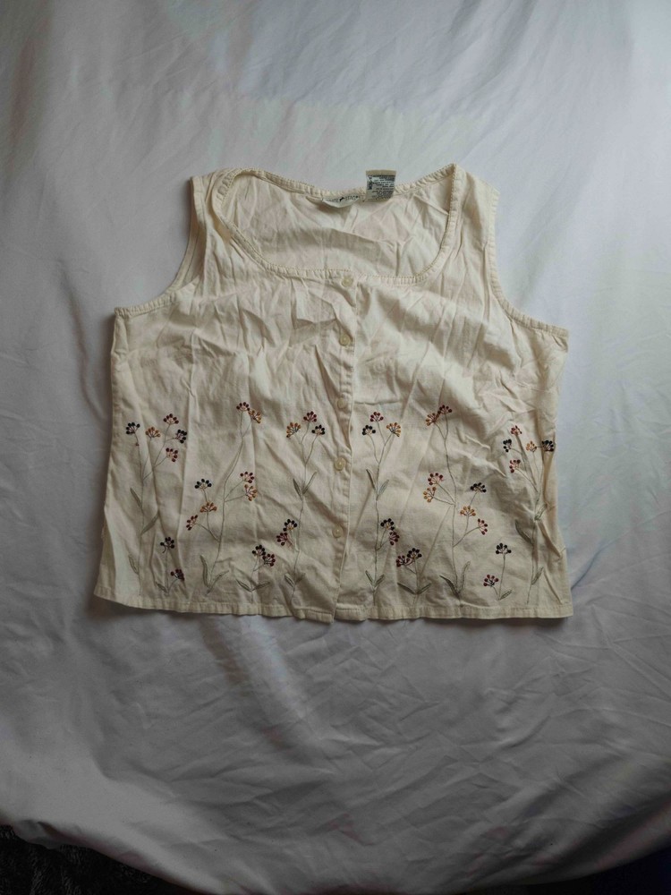 White Stag Tank Top Womens Large 12/14 Ivory Embroidered Floral Linen Blend