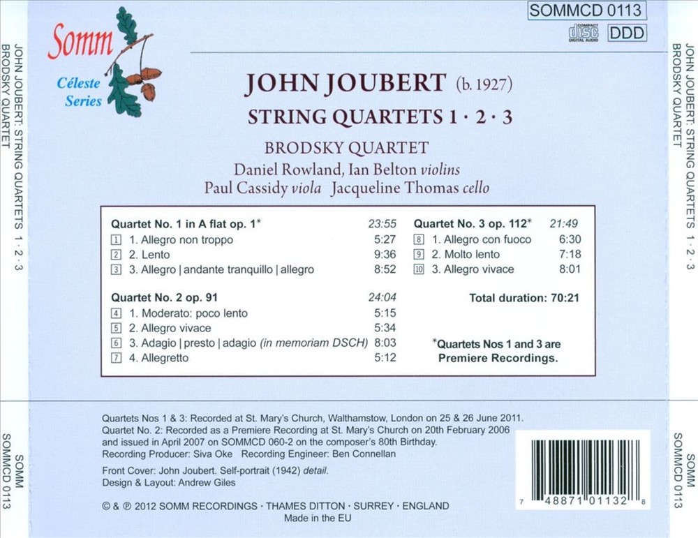 Brodsky Quartet John Joubert: String Quartets Nos. 1-3 New Cd