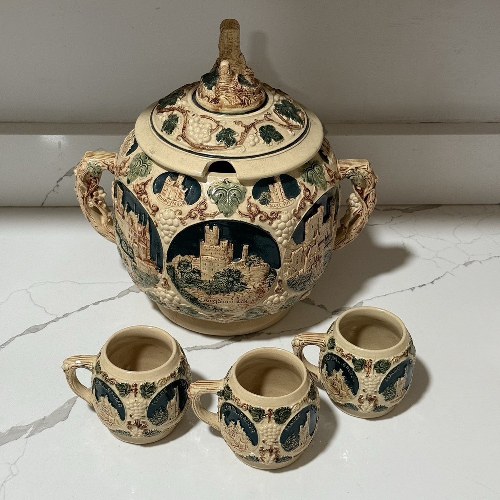 Vintage 1950s Gerz German Castle Punch Bowl Set with 3 Stein Cups